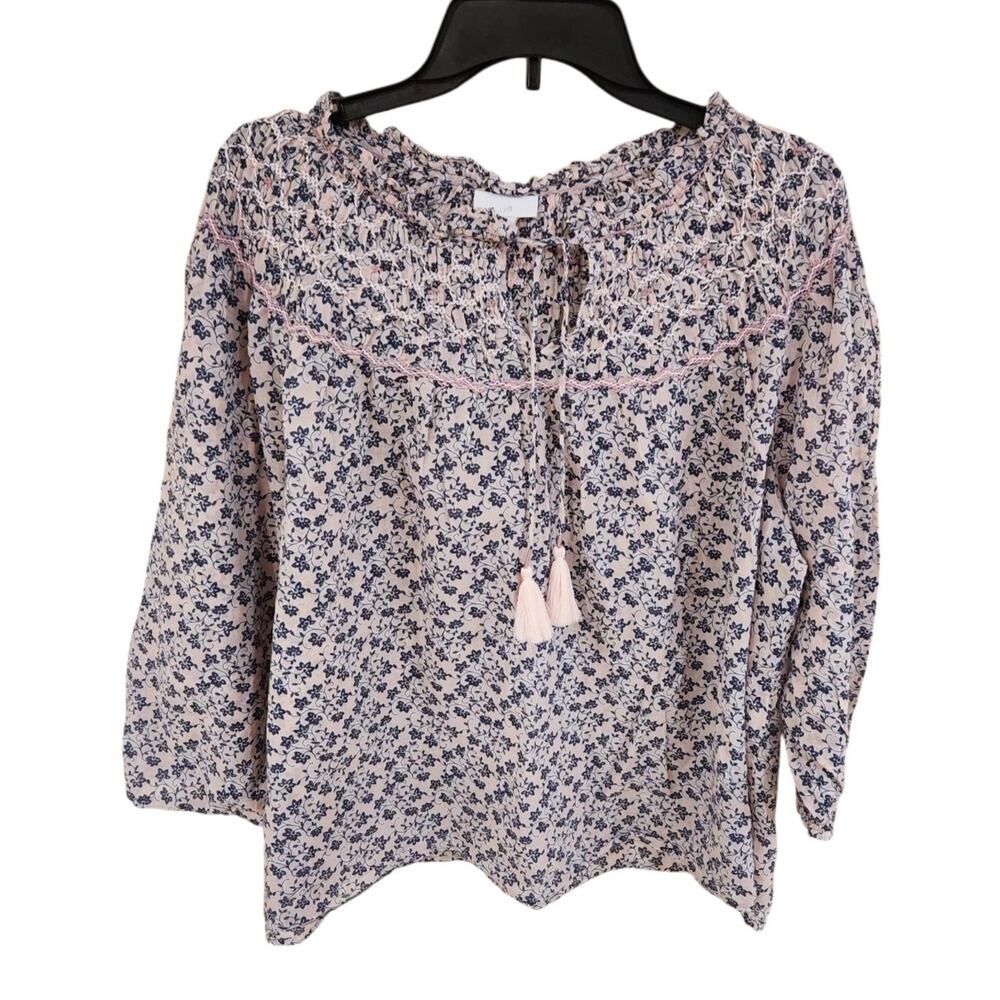 J Jill Top Blouse Sz 3X Cotton Embroidered Smocked 3/4 Sleeve Tassels Floral